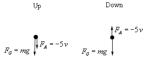 There are two figures in this sketch.  The left sketch is labeled “Up” and the right is labeled “Down”.  Each has a dot representing the object and each has an arrow pointing down from the dot labeled $F_{G}=mg$.  The “up”/left sketch also has an arrow pointing down from the dot labeled $F_{A}=-5v$.  The “down”/right sketch has an arrow pointing up from the dot labeled $F_{A}=-5v$.